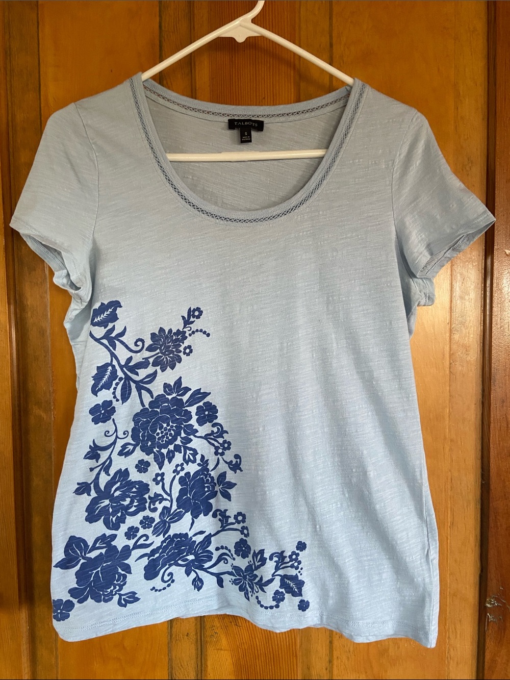 Talbots Light Blue Short Sleeve Tee with Navy Floral Print